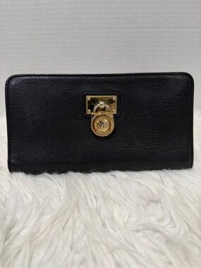 Michael Kors Black Leather Continental Wallet with Gold MK Lock
